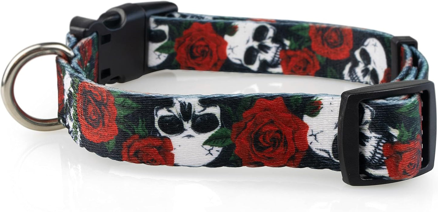 Limeloot Skulls and Roses Dog Collar for Large Dogs, Boy or Girl Dog Collar with Flowers and Skulls, Large