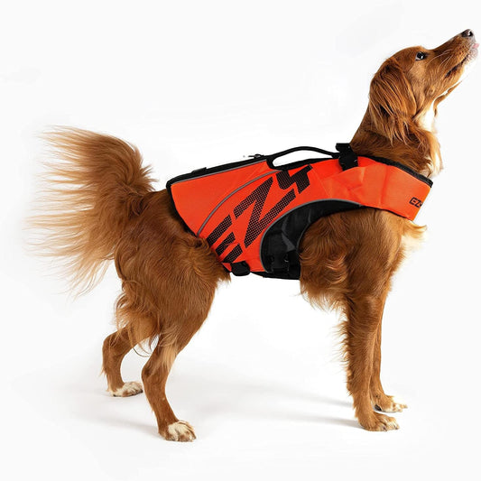 EzyDog DFD X2 Dog Life Jacket - Adjustable Swimming Safety Life Vest Preserver with Continuous Neck Flotation, Reflective Trim, & Grab Handle (Medium, Red)