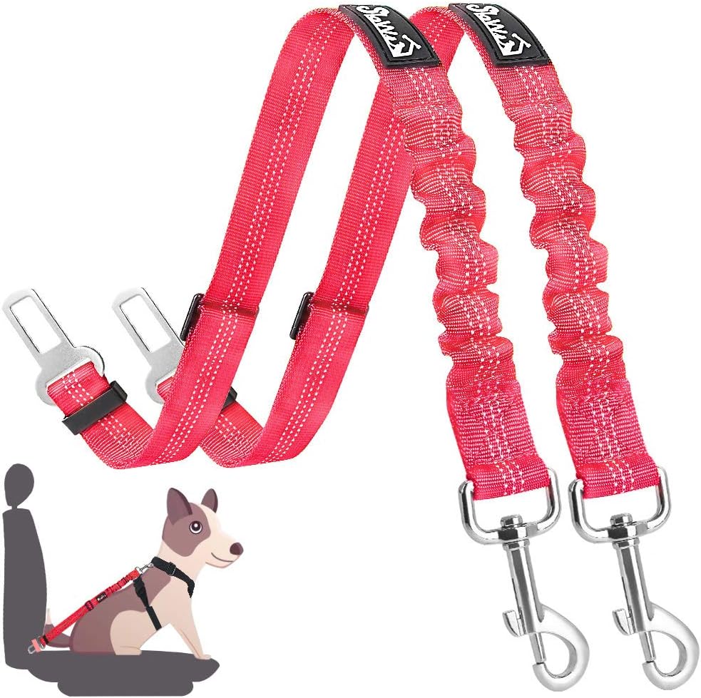 SlowTon Dog Seatbelt, 2 Pack Dog Seat Belt Car Leash Adjustable Elastic Bungee Buffer Heavy Duty Nylon Reflective Pet Safety Tether Connect to Dog Harness for Travel Riding in Vehicle Daily Use
