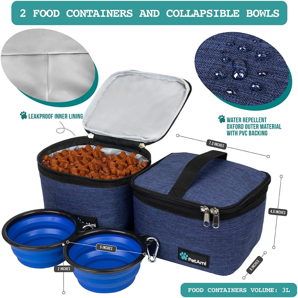 PetAmi Dog Travel Bag Organizer, Pet Travel Kit with 2 Food Containers & 2 Collapsible Dog Bowls, Pet Supplies Tote with Luggage Sleeve, Weekend Road Trip Camping Essentials, Navy Blue, Medium