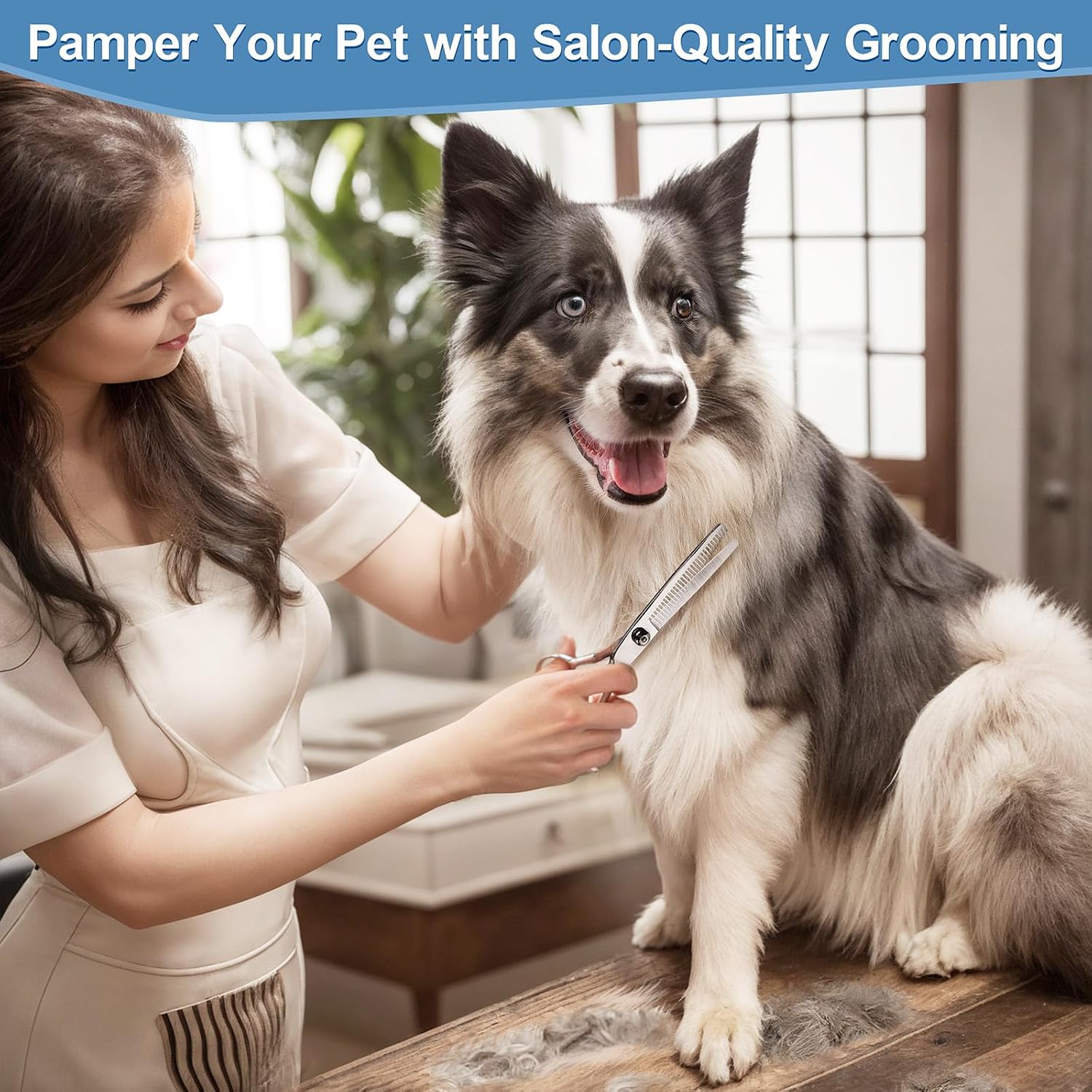 Titanium Coated Professional 6-in-1 Stainless Steel Dog Grooming Scissors Set with Safety Round Tip - Heavy Duty Grooming Tool for Dogs, Cats, and More
