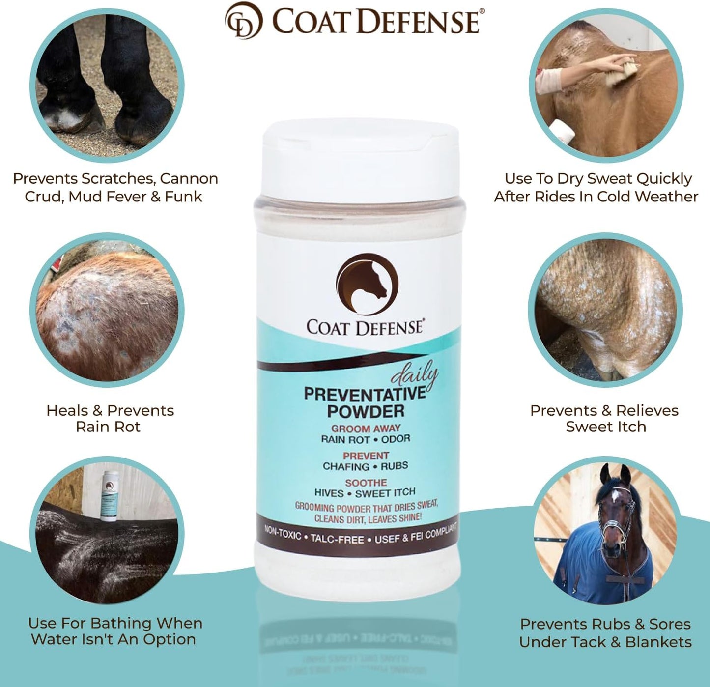 COAT DEFENSE Daily Preventative Powder & Rain Rot Treatment for Horses | Safe & Effective Equine Sweet Itch, Skin Funk, Scratches | Dry Horse Shampoo, 64 oz. | All Natural Ingredients