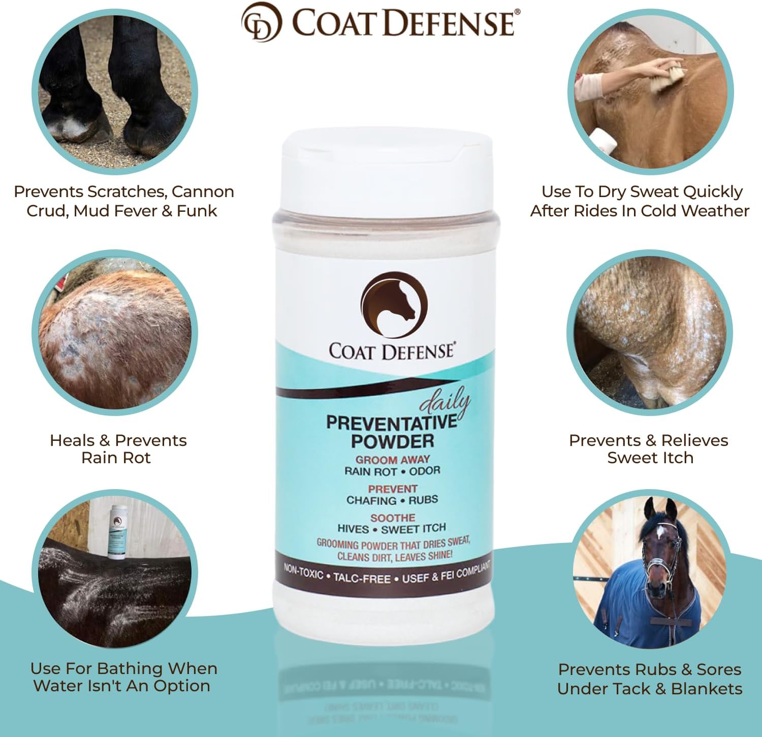 COAT DEFENSE Daily Preventative Powder & Rain Rot Treatment for Horses | Safe & Effective Equine Sweet Itch, Skin Funk, Scratches | Dry Horse Shampoo, 64 oz. | All Natural Ingredients
