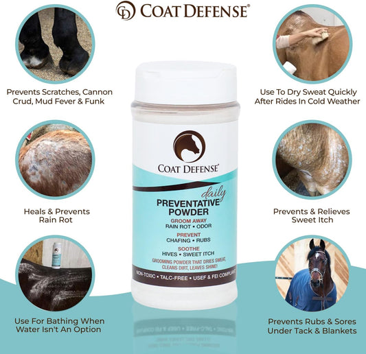 COAT DEFENSE Daily Preventative Powder & Rain Rot Treatment for Horses | Safe & Effective Equine Sweet Itch, Skin Funk, Scratches | Dry Horse Shampoo, 64 oz. | All Natural Ingredients