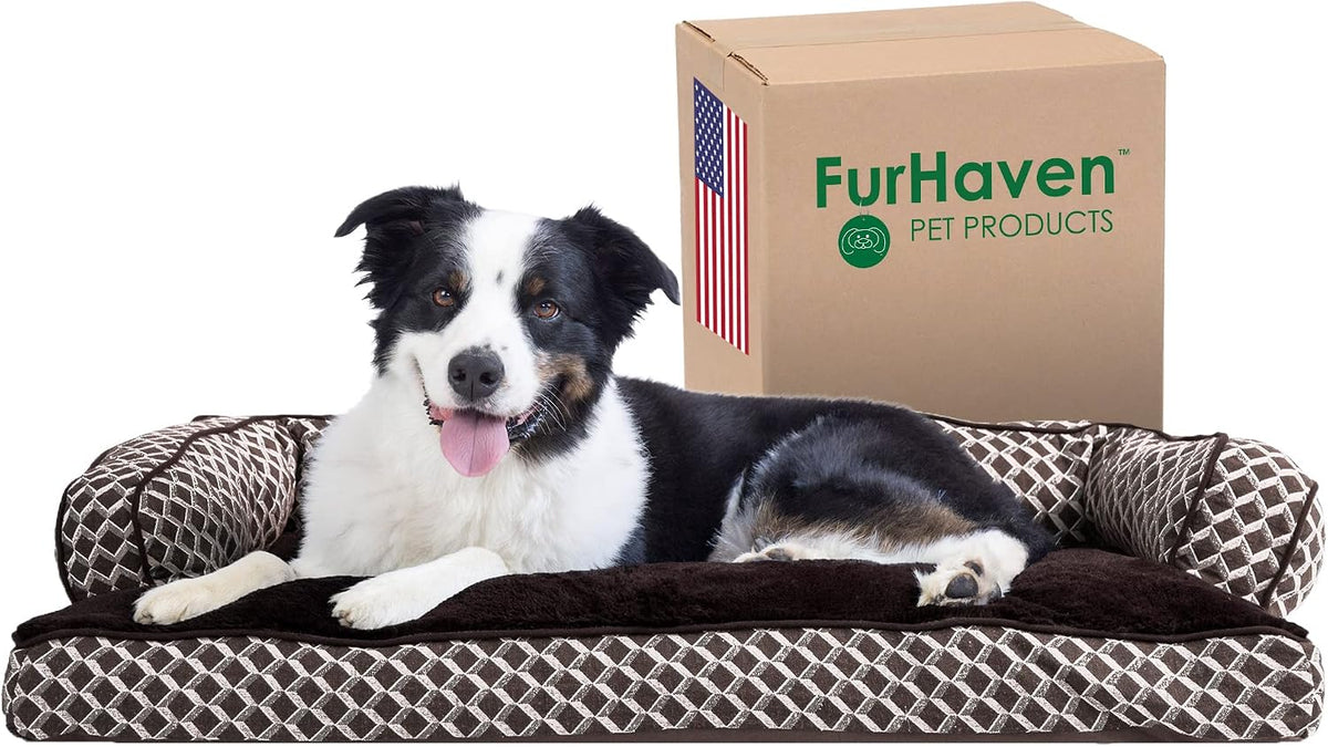 Furhaven Pillow Dog Bed for Large/Medium Dogs w/ Removable Bolsters & Washable Cover - Plush & Woven Decor Comfy Couch Sofa - Diamond Brown, Large