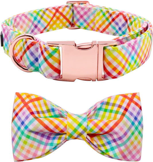 Lionet Paws Easter Dog Collar with Bowtie - Colorful Cute Cotton Bowtie Dog Collar with Metal Buckle for Large Dog Girl Boy, L, Neck 16-24in
