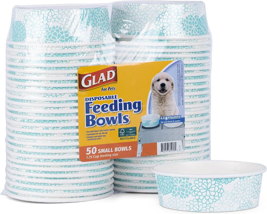 Glad for Pets Disposable Feeding Bowls | Small Dog Bowls in Teal Pattern | 1.75 Cup Feeding Size, 50 Count - Dog Bowls are Great for Dry and Wet Dog Food or Water