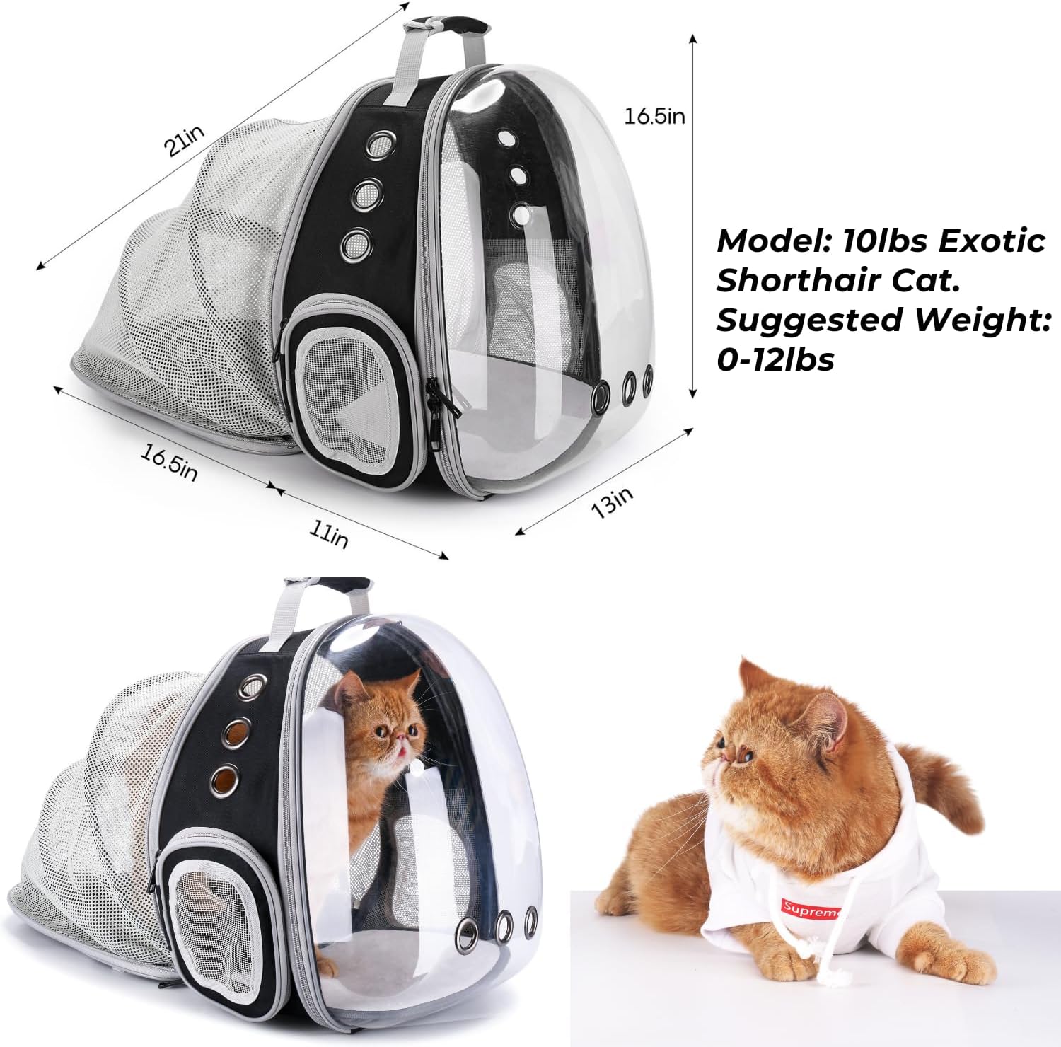 Lollimeow Cat Carrier Backpack, Expandable Bubble Pet Carrier for Cats and Small Dogs, Airline Approved Travel Backpack for Hiking, Walking & Outdoor Adventures - Supports up to 14 lbs