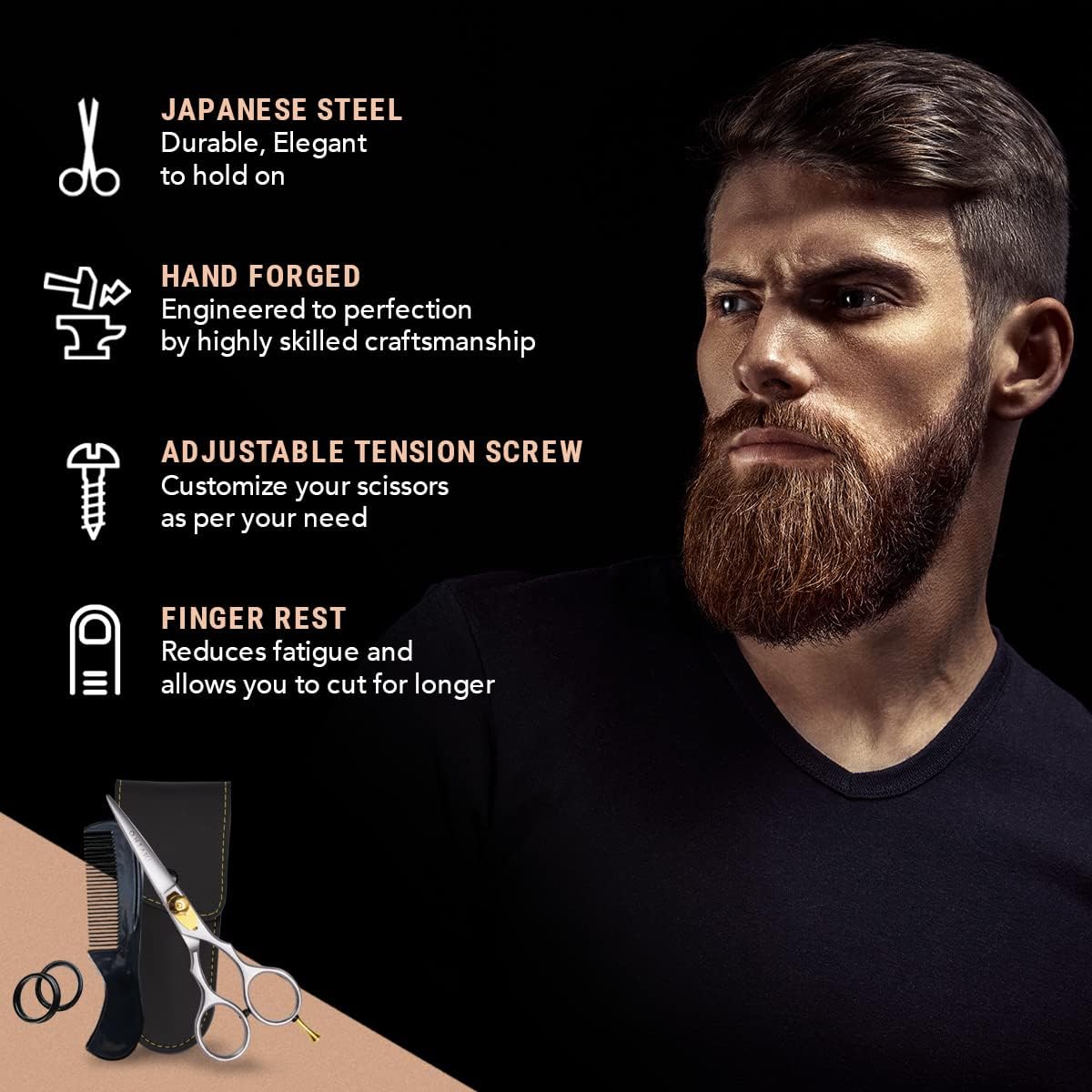 Ontaki Beard & Mustache Scissors for Men - 5.5" Japanese Steel, Silver - Precision Sharp Blades, Ergonomic Finger Rest & Adjustable Tension Screw for Perfect Trimming - Beard Grooming Scissors