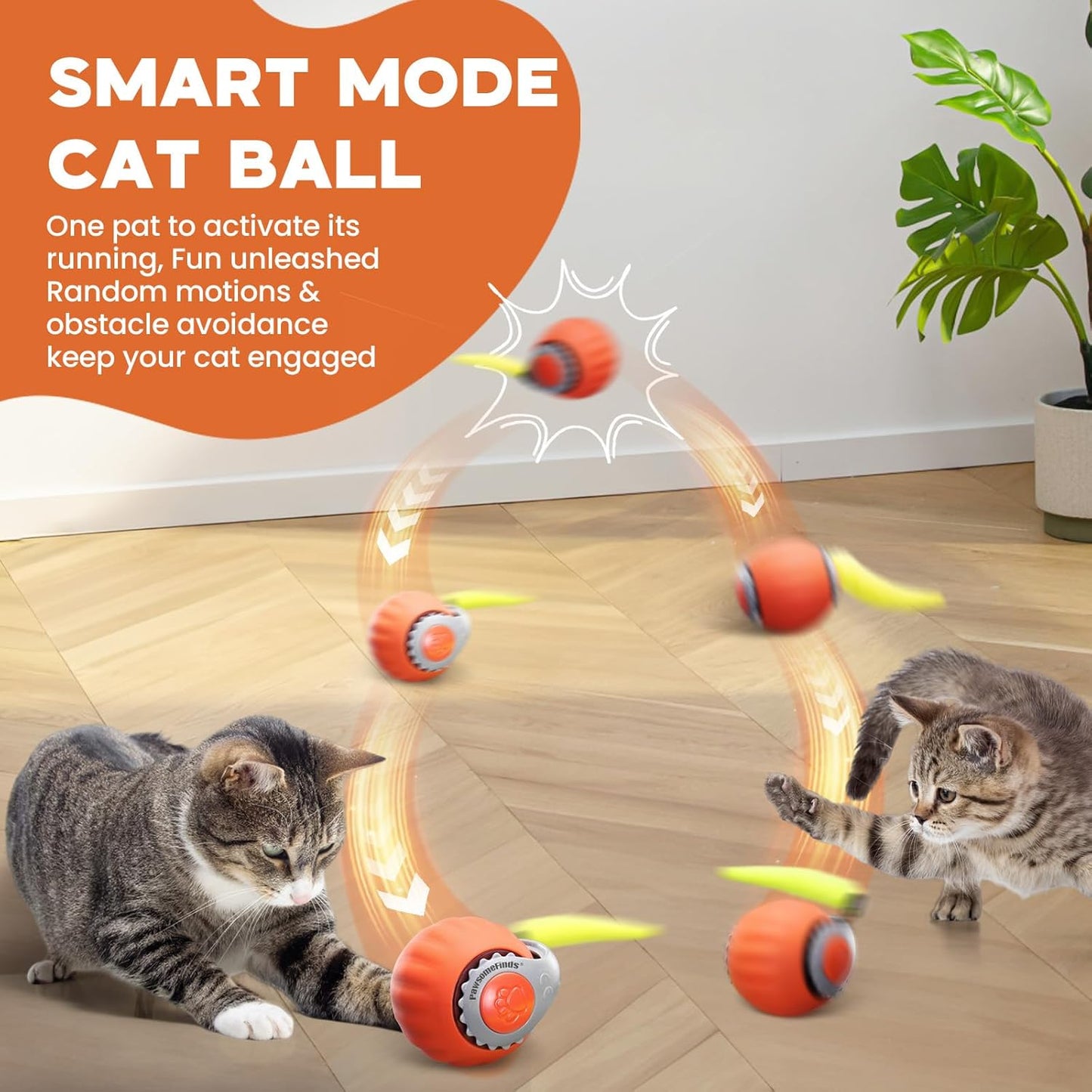 Interactive Cat Toy for Indoor Cats, Two Speed Smart Automatic Cat Toy Moving Ball with Tail, Rechargeable Motion Activated Cat Toys for Bored Indoor Adult Cats