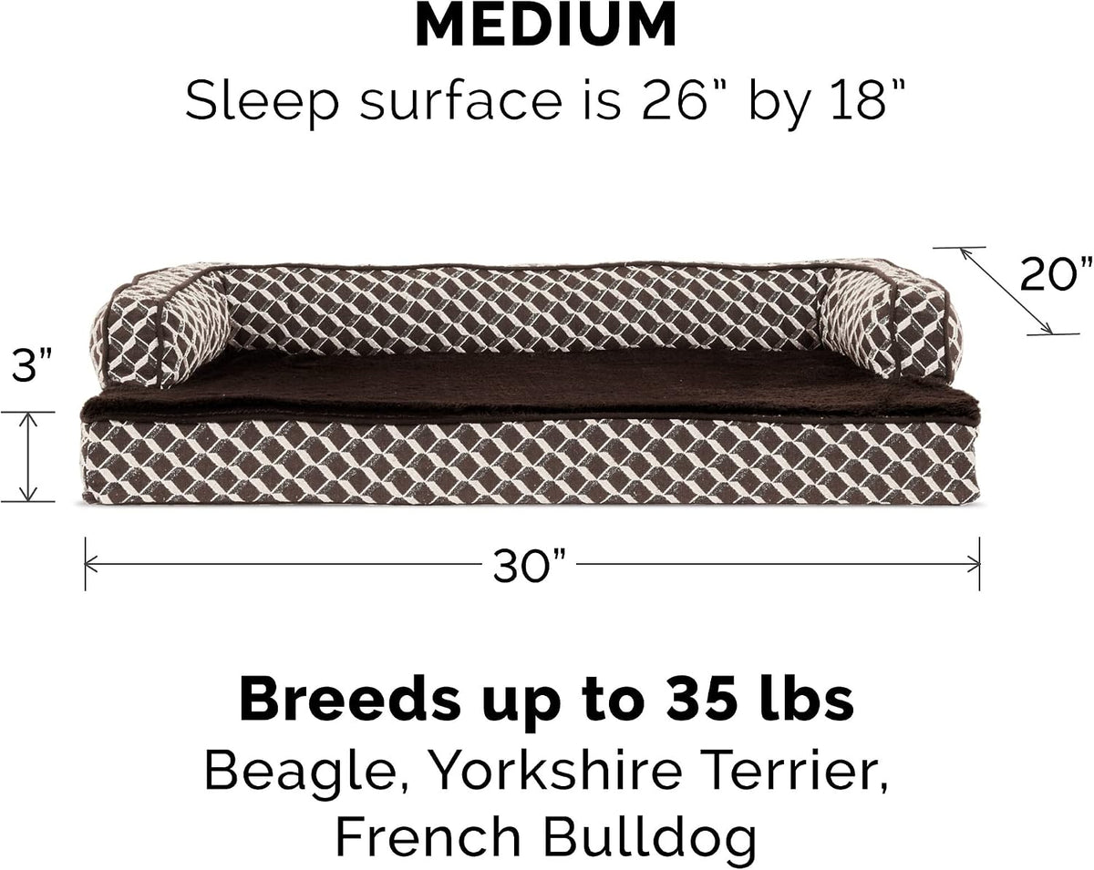 Furhaven Orthopedic Dog Bed for Medium/Small Dogs w/ Removable Bolsters & Washable Cover, For Dogs Up to 35 lbs - Plush & Woven Decor Comfy Couch Sofa - Diamond Brown, Medium