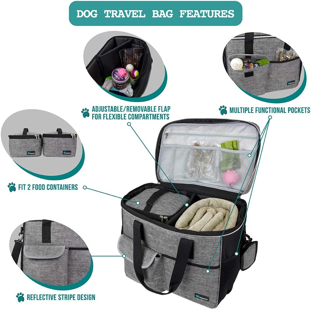 PetAmi Dog Travel Bag Organizer, Pet Travel Kit with 2 Food Containers & 2 Collapsible Dog Bowls, Pet Supplies Tote with Luggage Sleeve, Weekend Road Trip Camping Essentials, Gray, Large