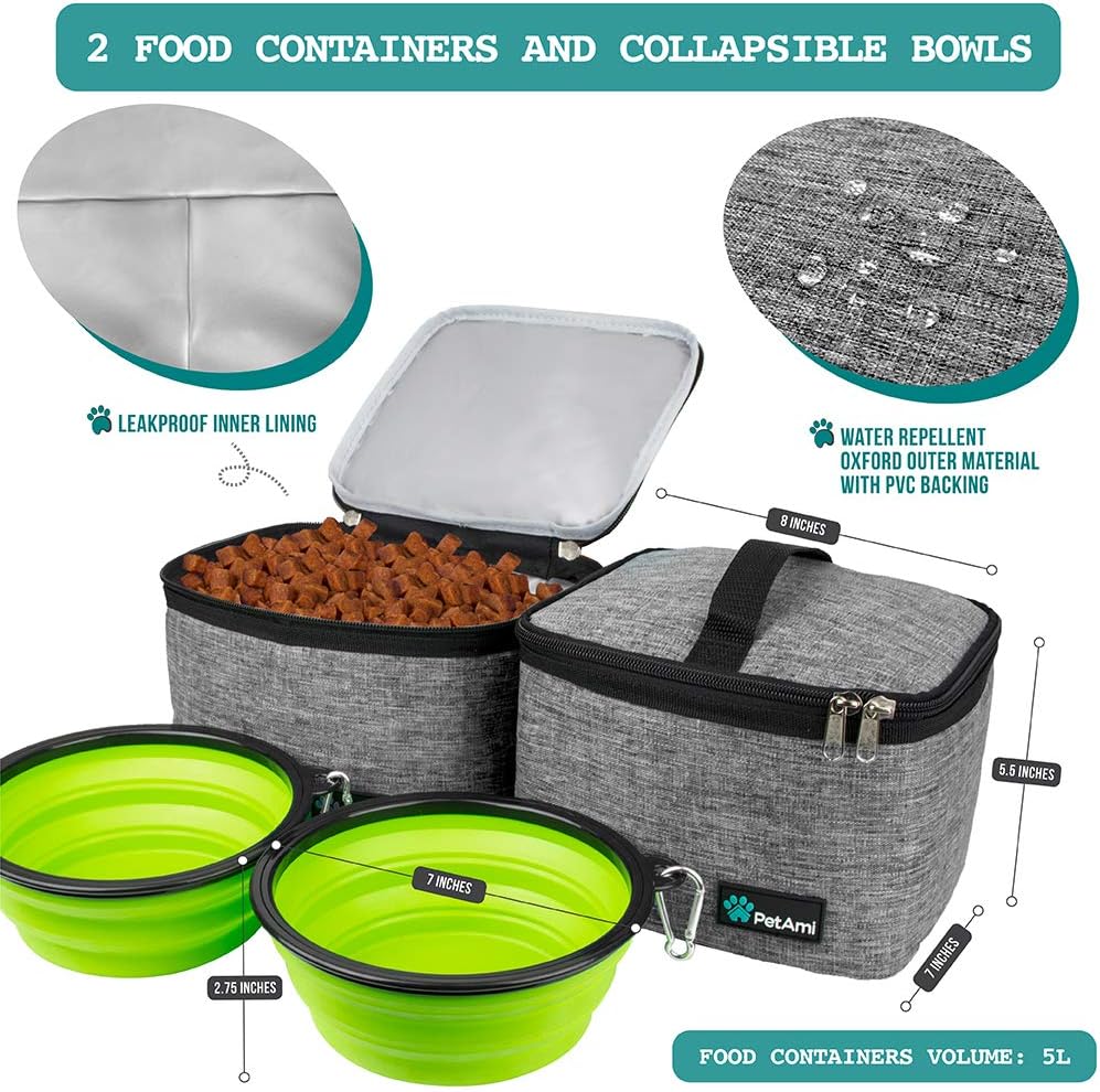 PetAmi Dog Travel Bag Organizer, Pet Travel Kit with 2 Food Containers & 2 Collapsible Dog Bowls, Pet Supplies Tote with Luggage Sleeve, Weekend Road Trip Camping Essentials, Gray, Large