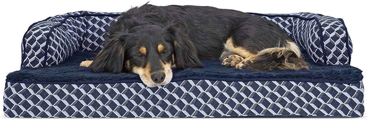 Furhaven Orthopedic Dog Bed for Medium/Small Dogs w/ Removable Bolsters & Washable Cover, For Dogs Up to 35 lbs - Plush & Woven Decor Comfy Couch Sofa - Diamond Blue, Medium