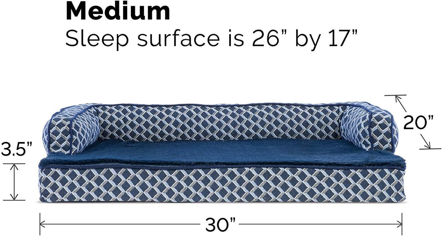 Furhaven Orthopedic Dog Bed for Medium/Small Dogs w/ Removable Bolsters & Washable Cover, For Dogs Up to 35 lbs - Plush & Woven Decor Comfy Couch Sofa - Diamond Blue, Medium