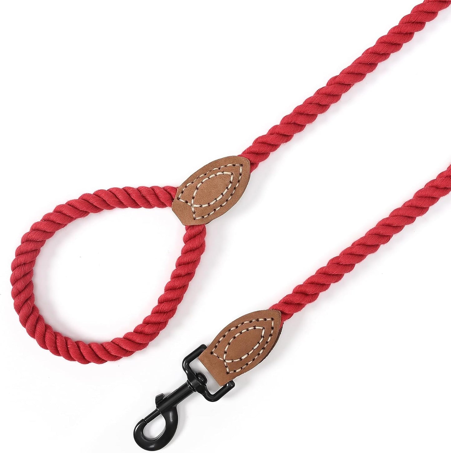 Mile High Life Dog Leash, Braided Cotton Rope Leashes with Leather Tailor Tip with Leather Tip - Heavy Duty Metal Clasp, 5FT, 1/2" Thick - Wedding, Walking Leash for Medium Large Dogs(Red)