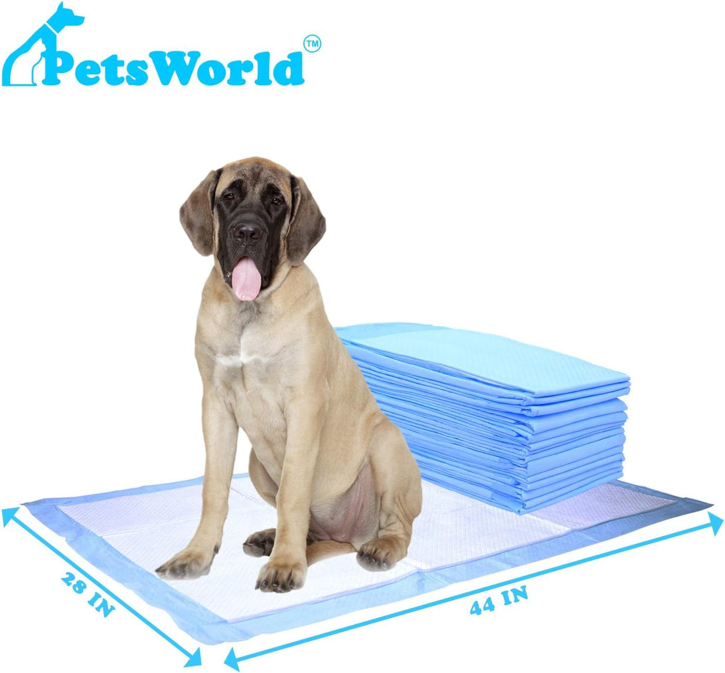 PetsWorld 2XL Dog Pee Pads 28"x44" 100 Count – Extra Large Pet Pee Pads for Dogs & Puppies, Heavy Duty Leak-Proof Dog Training Pads, Super Absorbent Quick-Dry Potty Pads with Odor Control