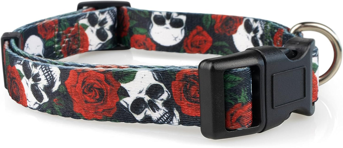 Limeloot Skulls and Roses Dog Collar for Large Dogs, Boy or Girl Dog Collar with Flowers and Skulls, Large