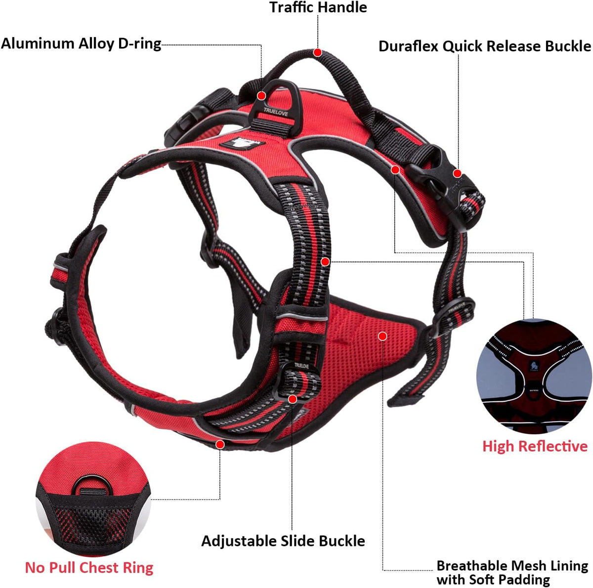 TRUE LOVE Adjustable No-Pull Dog Harness Reflective Pup Vest Harnesses Comfortable Control Brilliant Colors Truelove TLH5651(Red,XS)