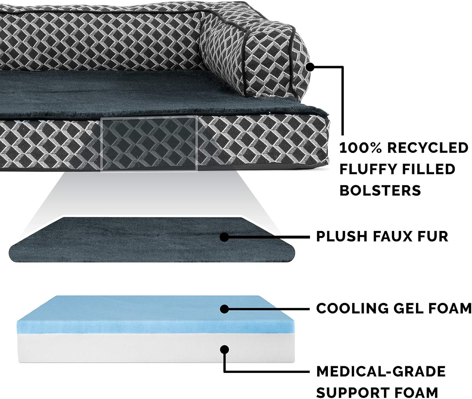 Furhaven Cooling Gel Dog Bed for Large Dogs w/ Removable Bolsters & Washable Cover, For Dogs Up to 125 lbs - Plush & Woven Decor Comfy Couch Sofa - Diamond Gray, Jumbo Plus/XXL