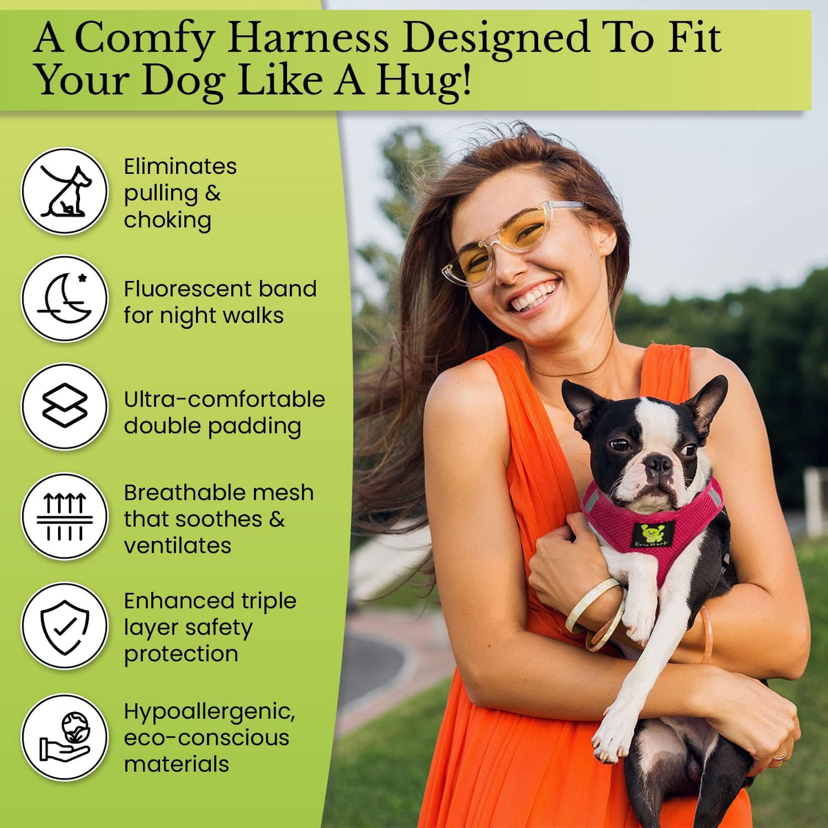 EcoBark Step in Dog Harness - Eco-Bright Teacup Dog Harnesses for XXS, XS, and Small Dogs - Reflective and Adjustable Mini Body Halter Vest -Tiny Soft Mesh Toy Breed Harness (X-Small, Pink)
