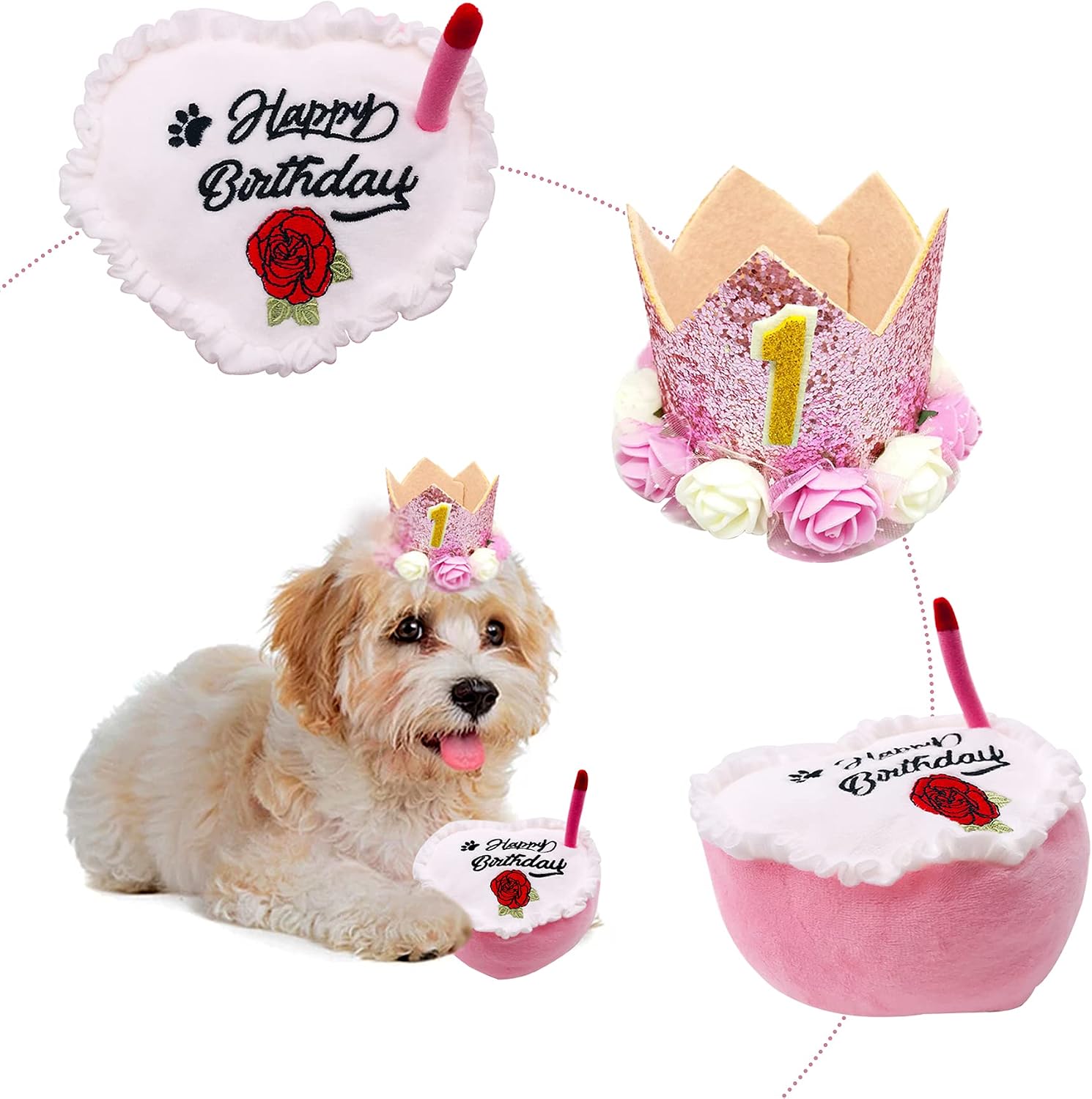 PET SHOW Small Dog Birthday Bandana Set Pink for Girls with Puppy Crown Hat and Heart Plush Cake Toy with Bell Inside Doggies Happy Birthday Party Supplies Decorations for Medium Dogs