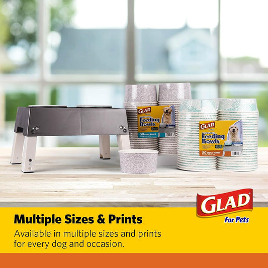 Glad for Pets Disposable Feeding Bowls | Small Dog Bowls in Teal Pattern | 1.75 Cup Feeding Size, 50 Count - Dog Bowls are Great for Dry and Wet Dog Food or Water