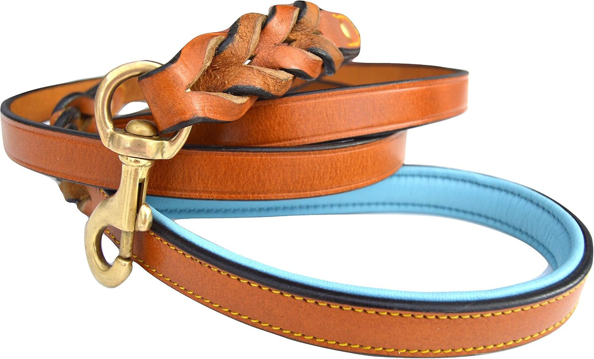 Leather Braided Dog Leash, Tan with Teal Padded Handle, 6ft x 3/4" Inch Wide, Made with Full Grain Genuine Leather