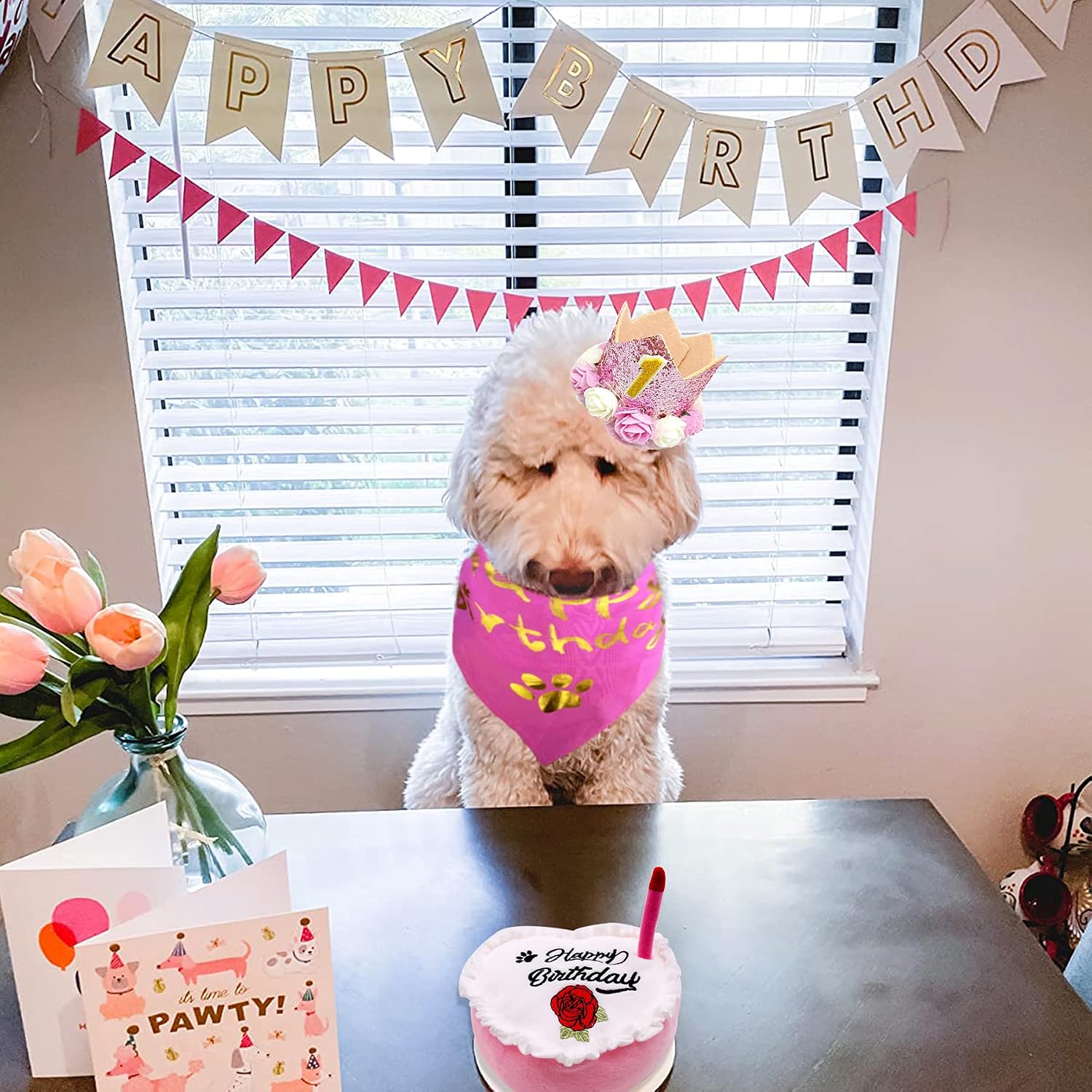 PET SHOW Small Dog Birthday Bandana Set Pink for Girls with Puppy Crown Hat and Heart Plush Cake Toy with Bell Inside Doggies Happy Birthday Party Supplies Decorations for Medium Dogs