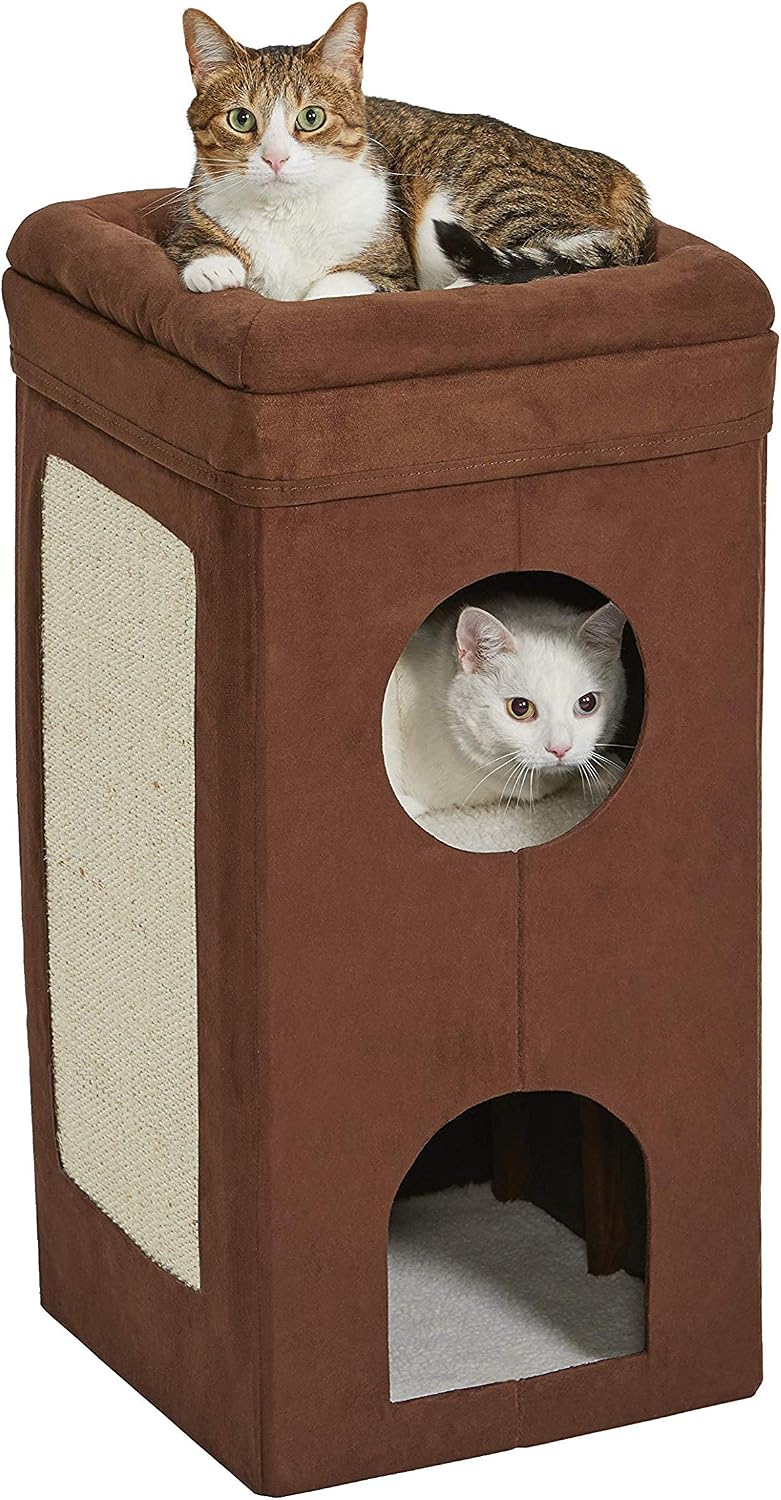 MidWest Homes for Pets Feline Nuvo Curious Cat Condo, Tri-Level Cat Tree, Faux Brown Suede with Hideaways, Bed Top & Sisal Scratch Panel, for Multiple Cats