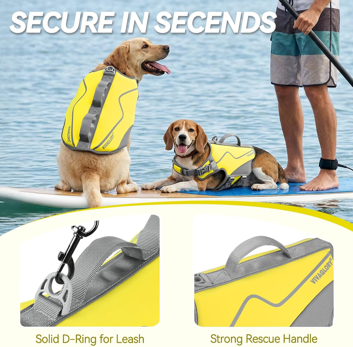 VIVAGLORY Dog Life Vest Neoprene Dog Swim Vest, XS, Alpha Yellow | High Visibility Adjustable for Doggy Cat Puppy, Lifejacket with Leash Ring & Handle for Swimming & Boating