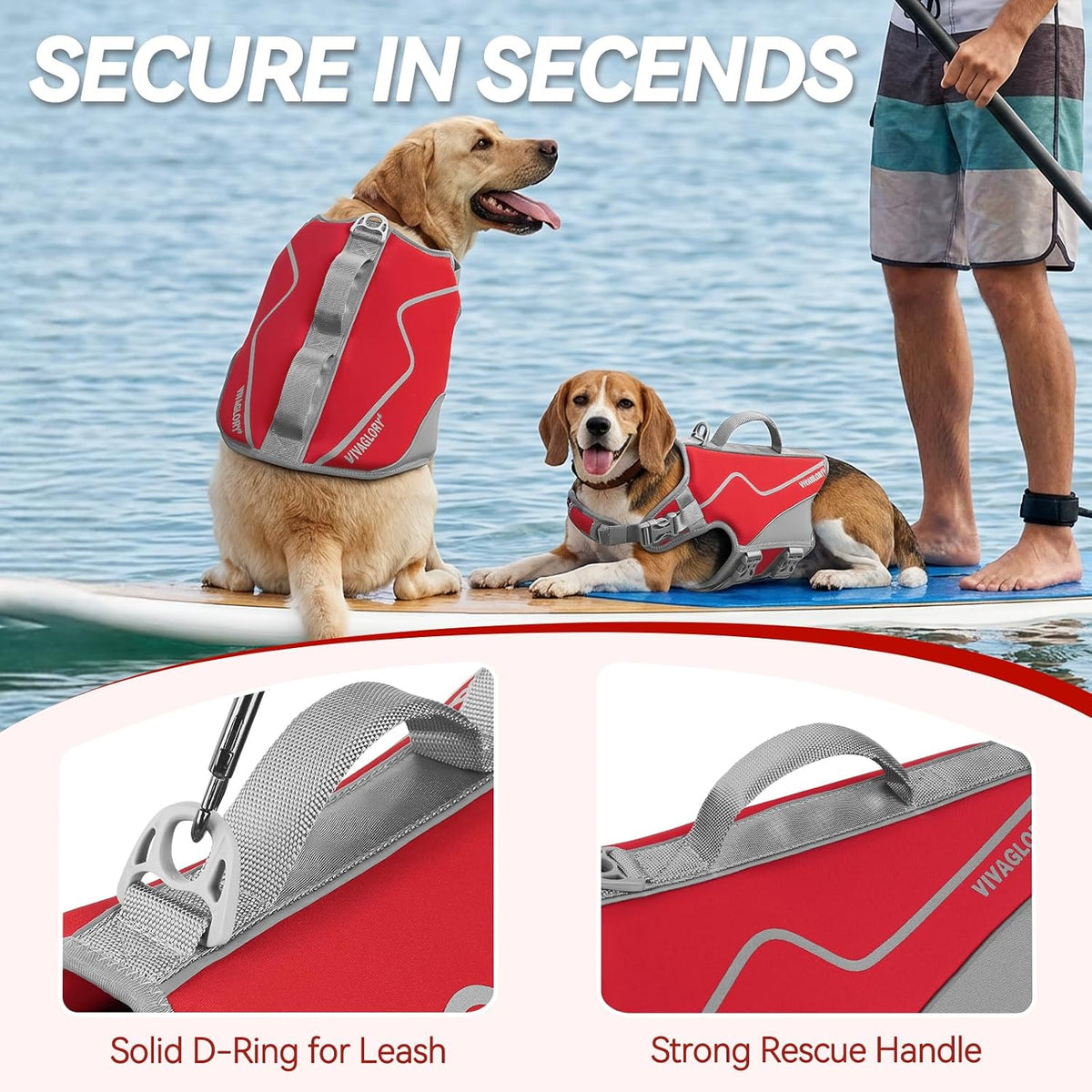 VIVAGLORY Dog Life Vest Neoprene Dog Swim Vest, M, Red | High Visibility Adjustable for Doggy Cat Puppy, Lifejacket with Leash Ring & Handle for Swimming & Boating
