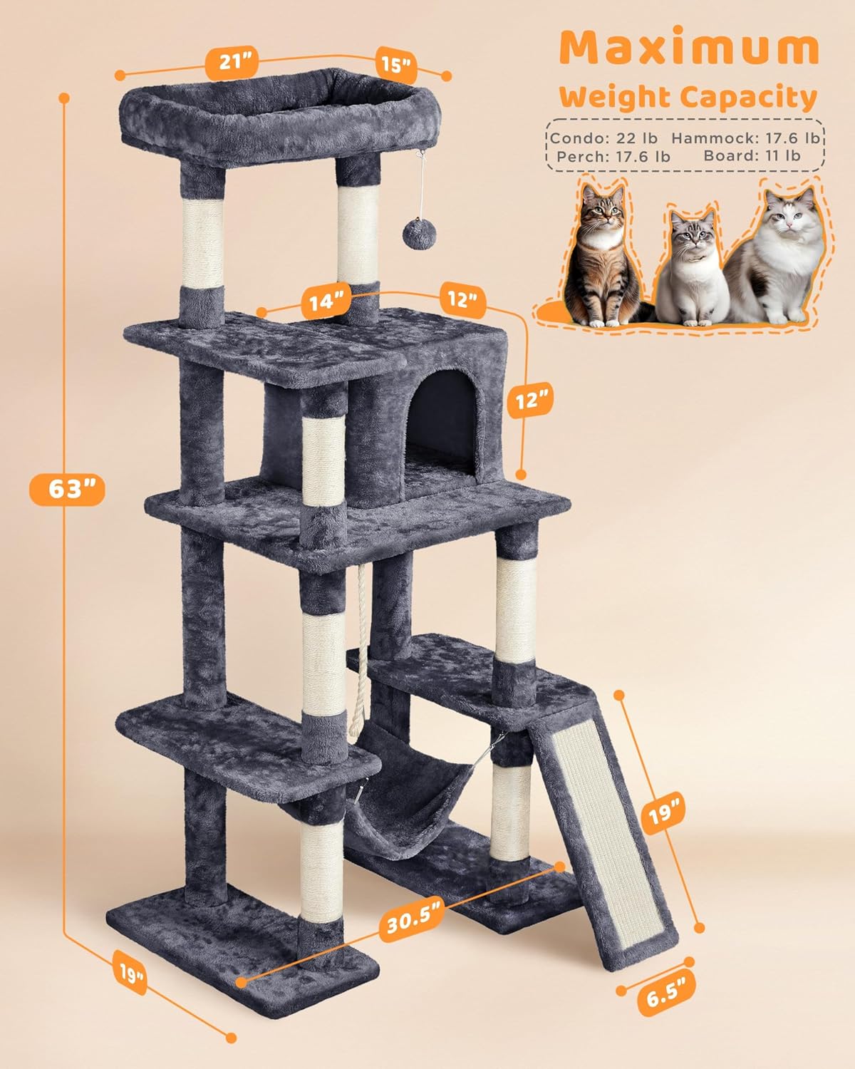 Yaheetech 63in Large Cat Tree for Heavy Cats up to 22lbs, Anti-Wobble Tower with Condo & Hammock, Space-Saving for Indoor Multi-Pet Households, Stops Furniture Scratching