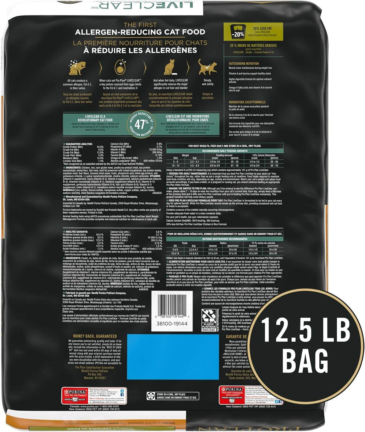 Purina Pro Plan Live Clear Cat Food Weight Management and Cat Allergen Reducer Chicken and Rice Formula - 12.5 lb. Bag