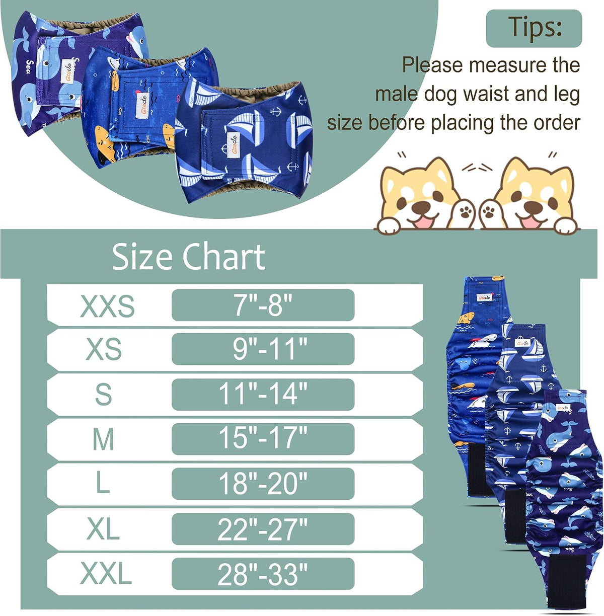 Grecle Premium Male Dog Wraps - High Absorbency Male Dog Diapers (Pack of 3) - Washable Belly Band for Male Dogs Incontinence and Puppy Training (Sailboat, XL)