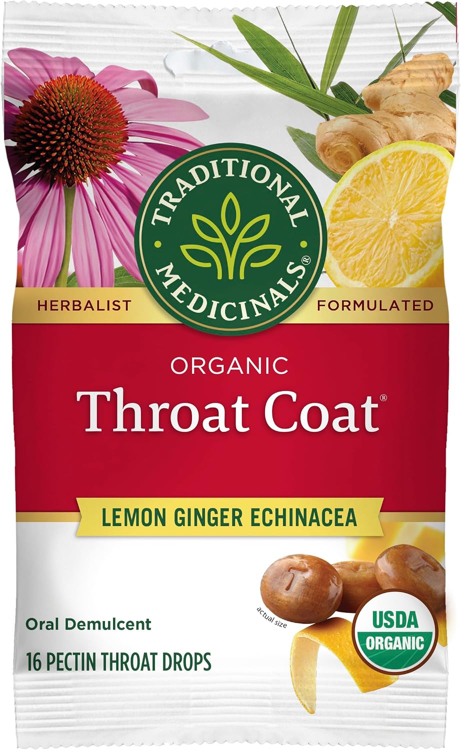 Traditional Medicinals Organic, Throat Coat Lozenges, Lemon Ginger Echinacea - Herbal Cough Drops, Helps Soothe Sore Throat - Non-GMO, Stimulant-Free - 16 Count