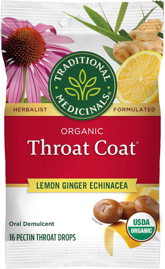 Traditional Medicinals Organic, Throat Coat Lozenges, Lemon Ginger Echinacea - Herbal Cough Drops, Helps Soothe Sore Throat - Non-GMO, Stimulant-Free - 16 Count
