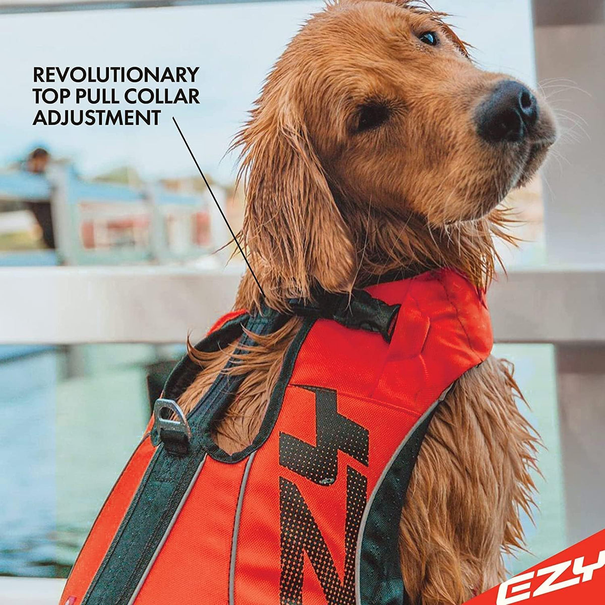 EzyDog DFD X2 Dog Life Jacket - Adjustable Swimming Safety Life Vest Preserver with Continuous Neck Flotation, Reflective Trim, & Grab Handle (Medium, Red)