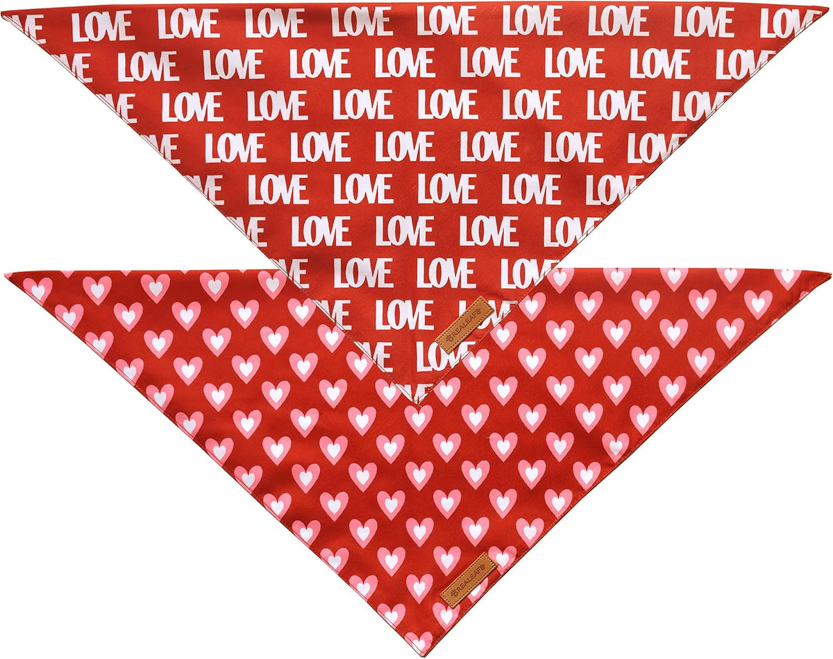 Realeaf Valentine's Day Dog Bandanas 2 Pack, Triangle Reversible Love Pet Scarf for Boy and Girl, Premium Durable Fabric, Holiday Mothers Day Bandana for Medium and Large Dogs (Large)