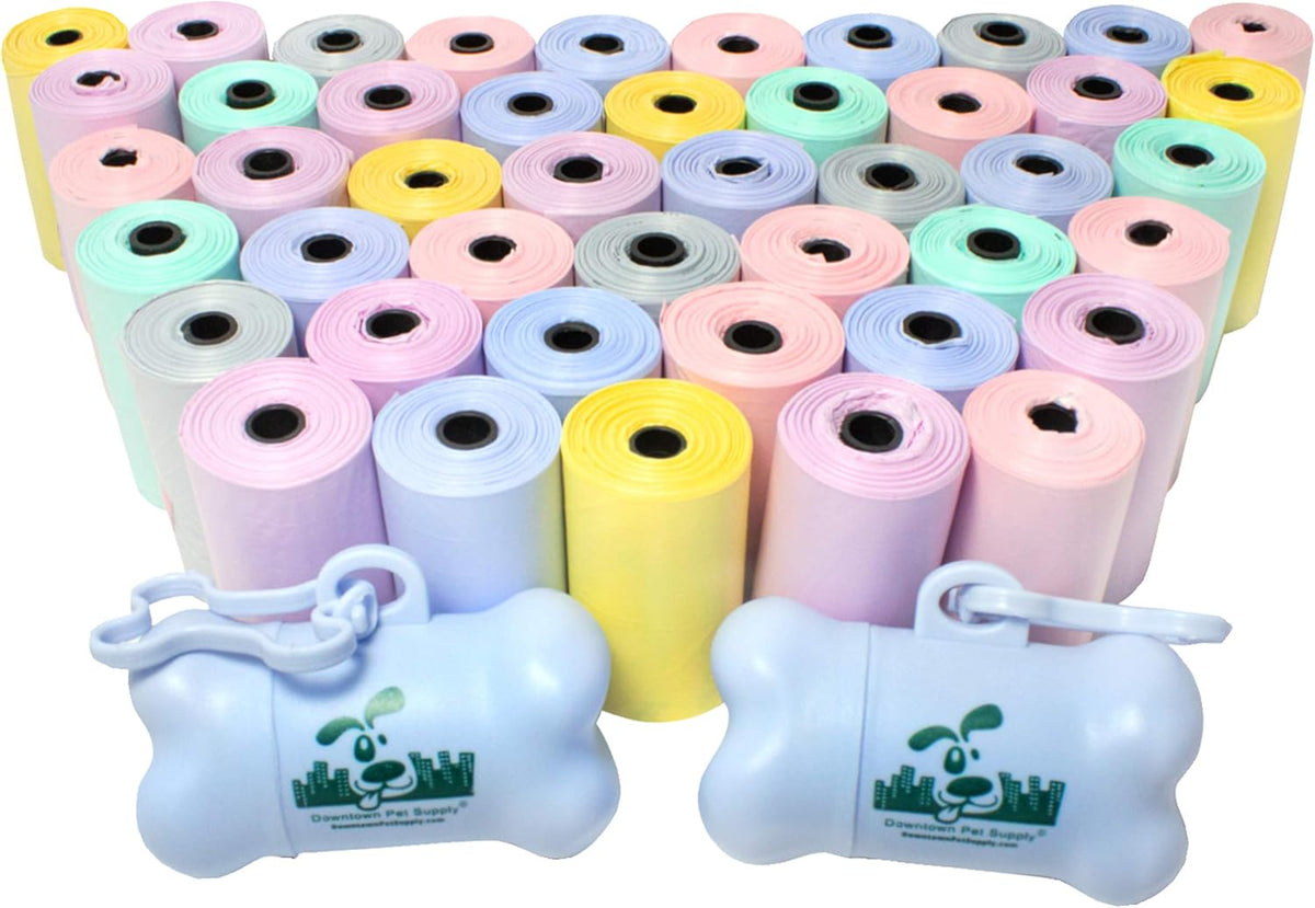 Downtown Pet Supply Dog Pet Waste Poop Bags with 2 Leash Clips and Dispensers (1000 Bags, Pastel Rainbow)