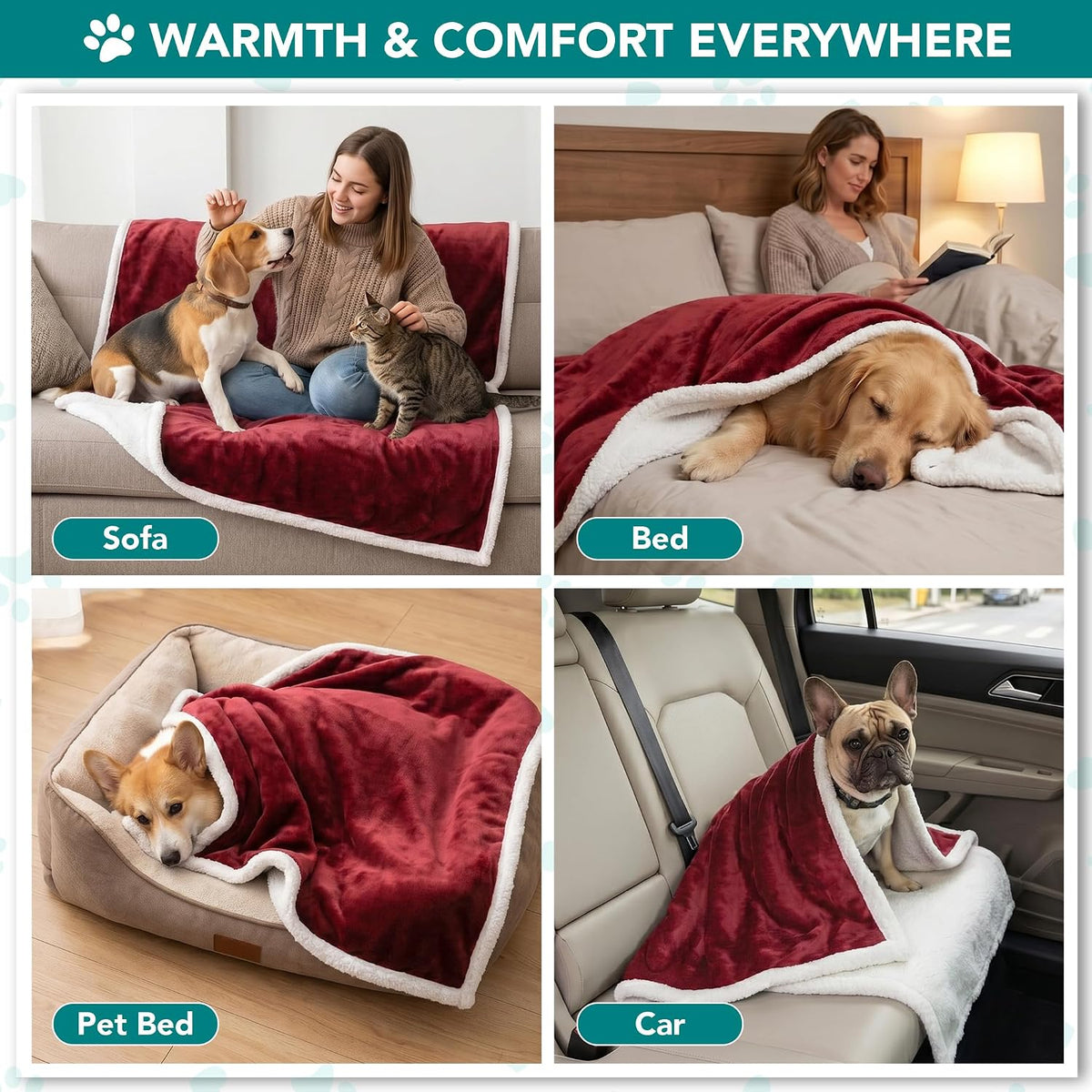 PetAmi Dog Blanket for Small Medium Dogs Cats Puppies Kittens, Soft Sherpa Fleece Pet Blanket Throw, Reversible Plush Couch Cover Protector for Crate Carrier Chair, Machine Washable, 40x29, Dark Red