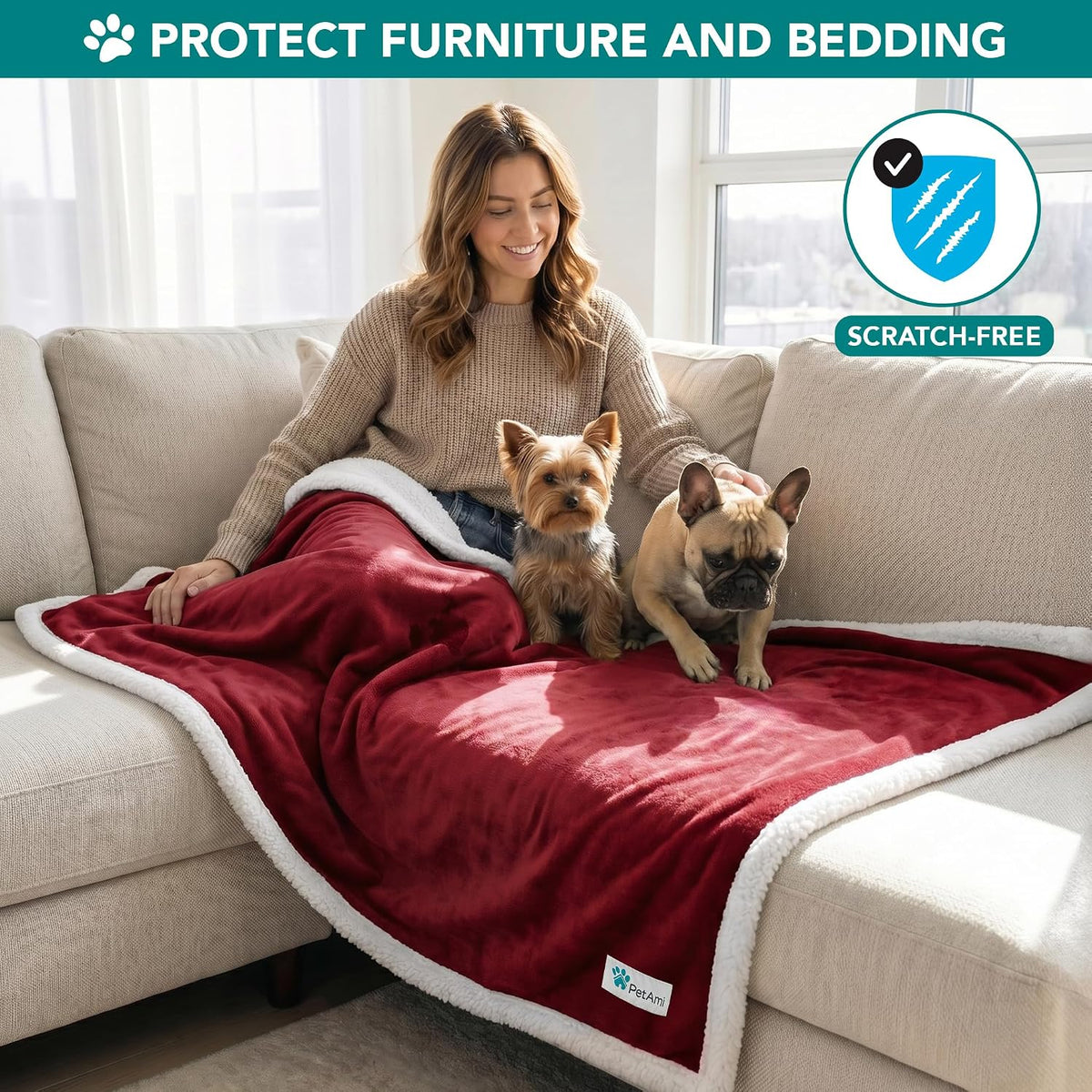 PetAmi Dog Blanket for Small Medium Dogs Cats Puppies Kittens, Soft Sherpa Fleece Pet Blanket Throw, Reversible Plush Couch Cover Protector for Crate Carrier Chair, Machine Washable, 40x29, Dark Red
