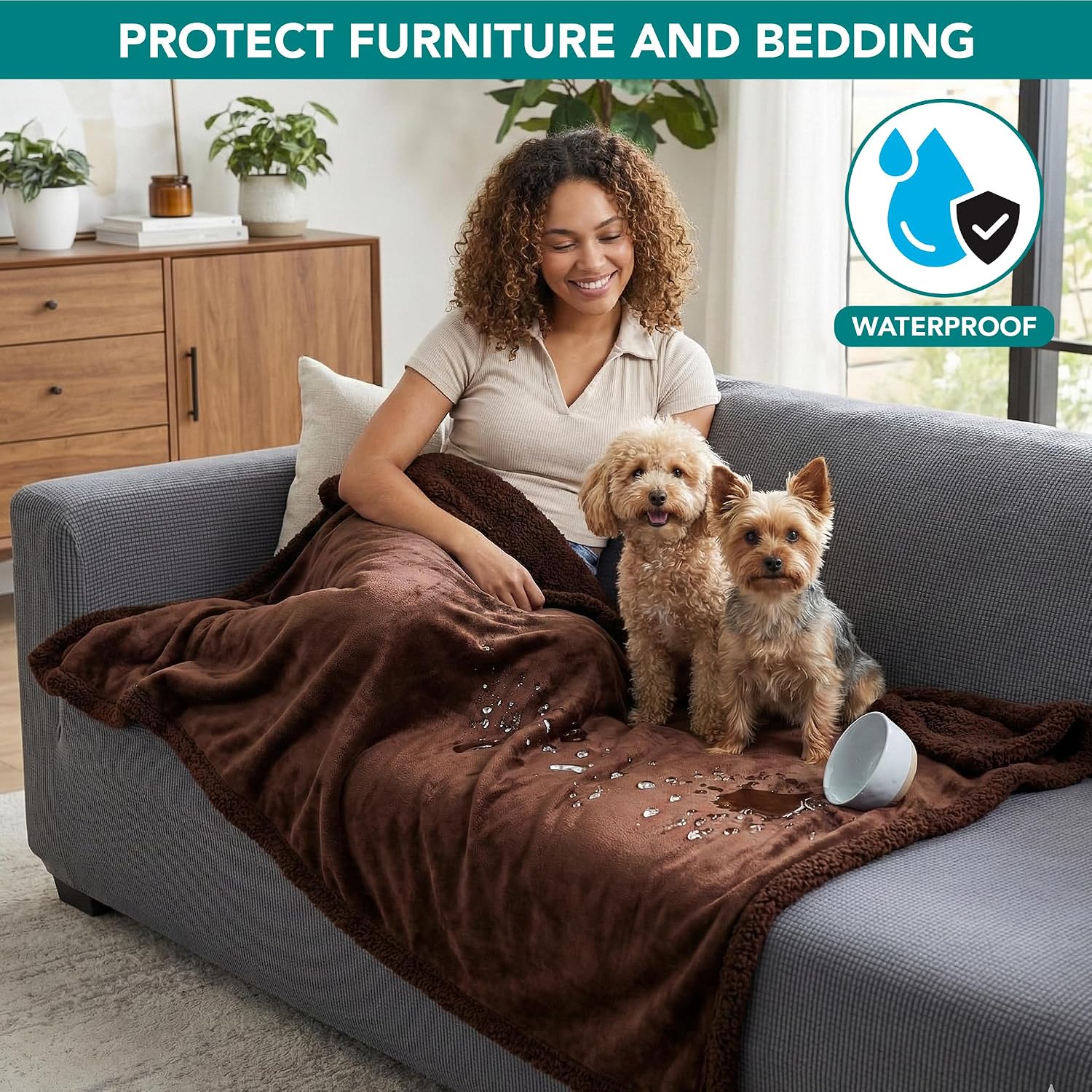 PetAmi Waterproof Dog Blanket for Couch, Large 60x40, Pee Proof Sherpa Fleece Reversible Pet Throw, Furniture Protector for Bed Sofa Kennel, Soft Washable Cover for Medium Dogs Cats, Brown Sherpa