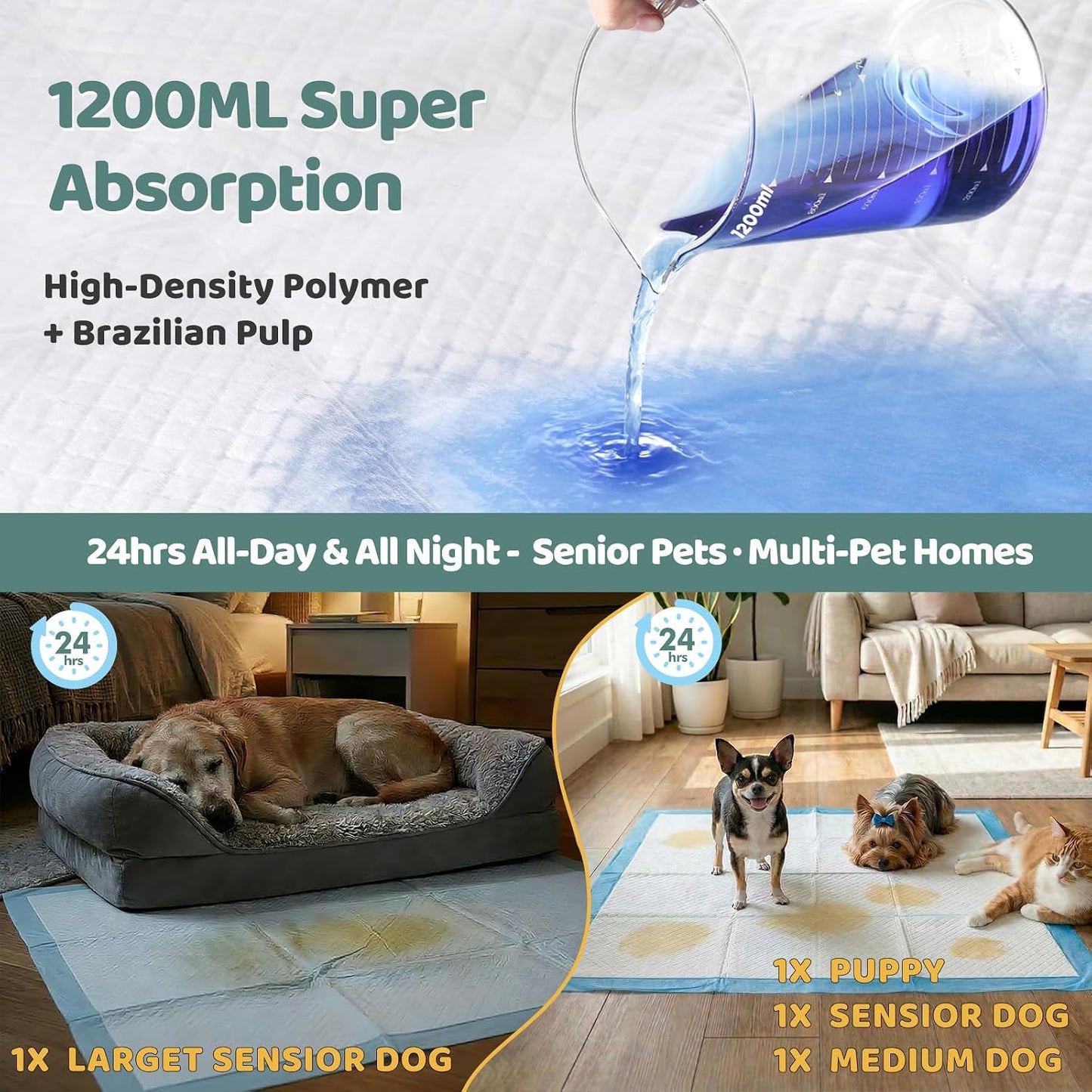 Gimars XL 6-Layer Ultra Absorbent 1200ml 48-Hour Leak-Proof Dog Pee Pads, Quick Dry Extra Large Puppy Pads for Puppy Training, Senior & Incontinent Dogs, Cats, Overnight Use, 30"x36", 50 Count