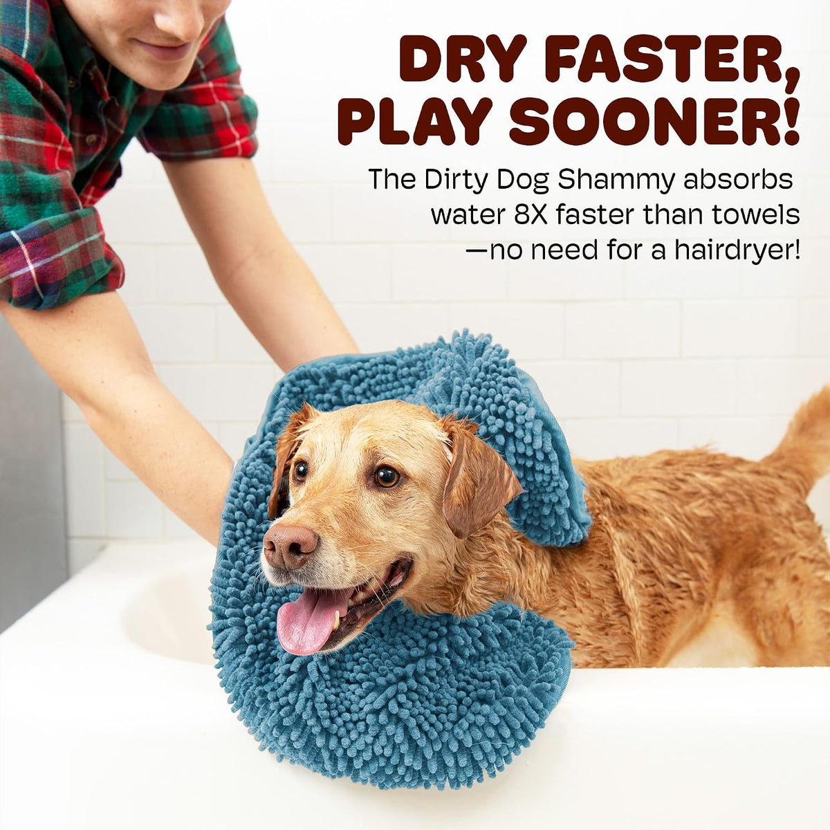 Dog Gone Smart The Dirty Dog Shammy - Antimicrobial Microfiber Dog Towel for Odor Control, Fast-Drying Plush, Dual Hand Pockets & Elastic, Super Absorbent, Machine Washable, 31 x 13 in, Pacific Blue