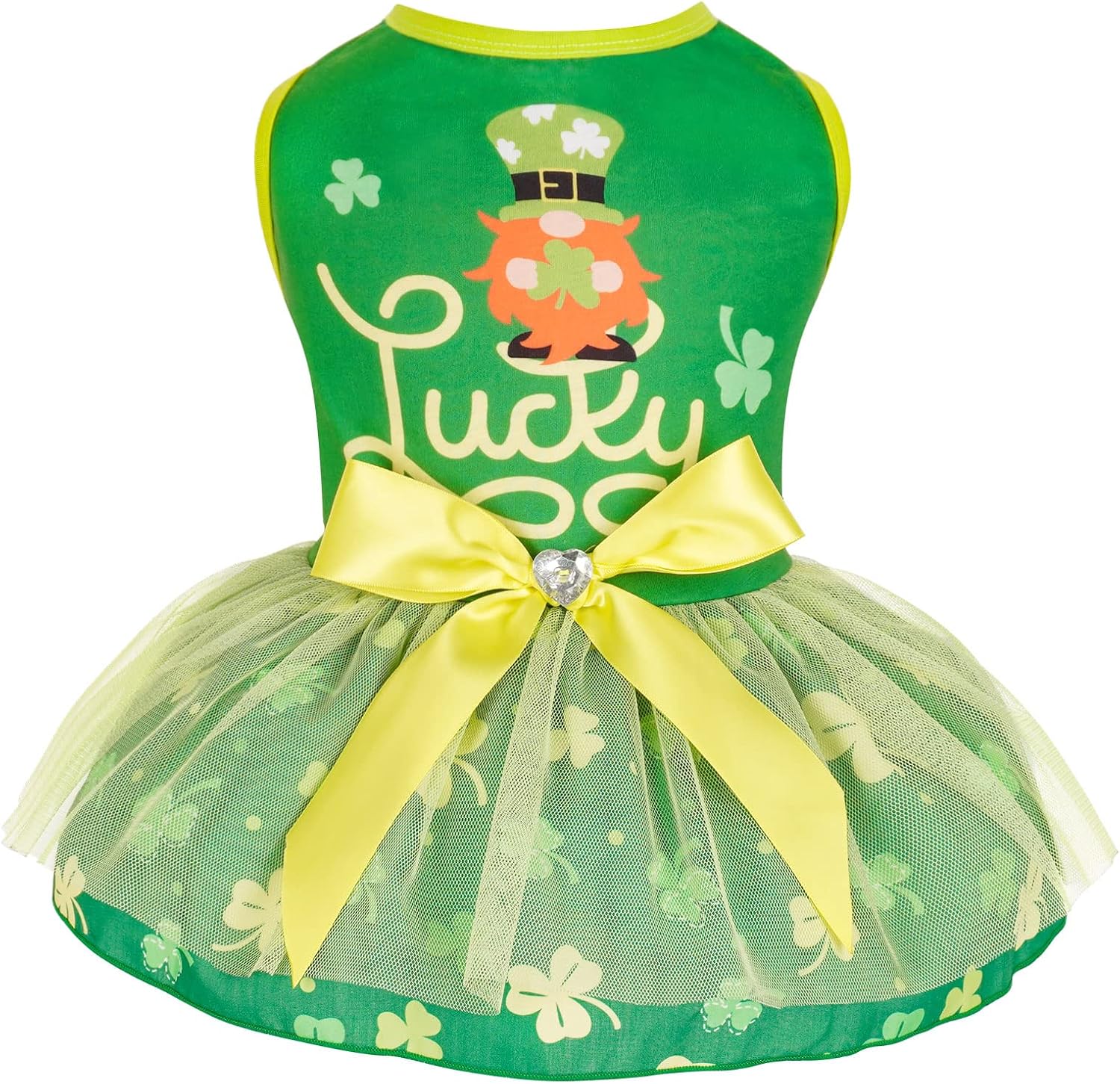 cyeollo St. Patrick's Day Dog Dress Lucky Shamrock Dog Tulle Skirt with Bowtie for Small Dogs Puppy