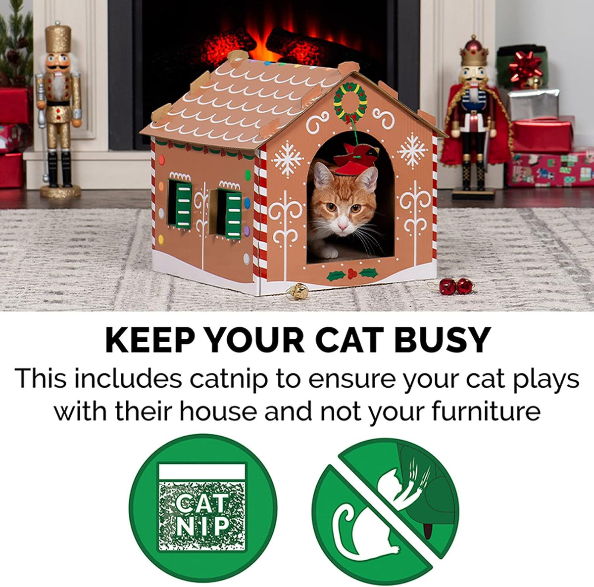 Furhaven Cardboard Cat House w/ Catnip for Indoor Cats, Ft. Scratching Pad & Hanging Toys - Decorated Gingerbread House Holiday Cat Scratcher Hideout - Christmas Print, One Size