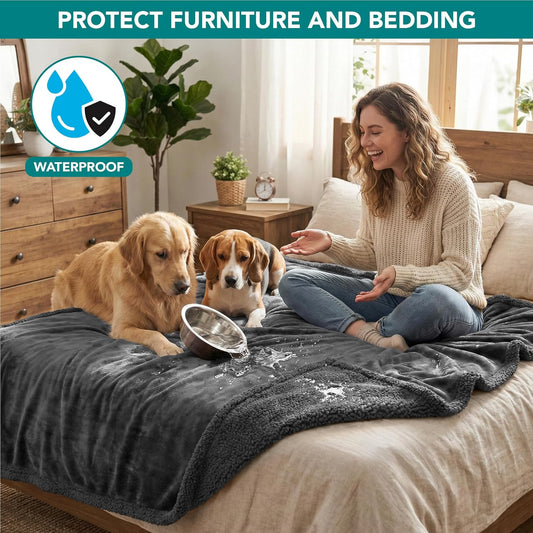 PetAmi Waterproof Dog Blanket for Couch, Queen 90x90, Pee Proof Sherpa Fleece Reversible Pet Throw, Furniture Protector for Bed Sofa, Soft Washable Cover for Large Dogs Cats, Grey Sherpa