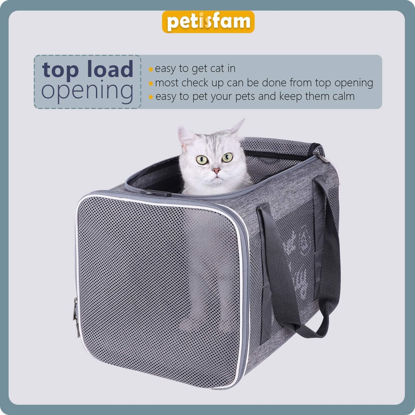 Easy Load Soft Pet Carrier Bag Cat for Medium, Large Cats, Puppy, Sturdy, Collapsible, Comfy, Black w/Blue Trim, L