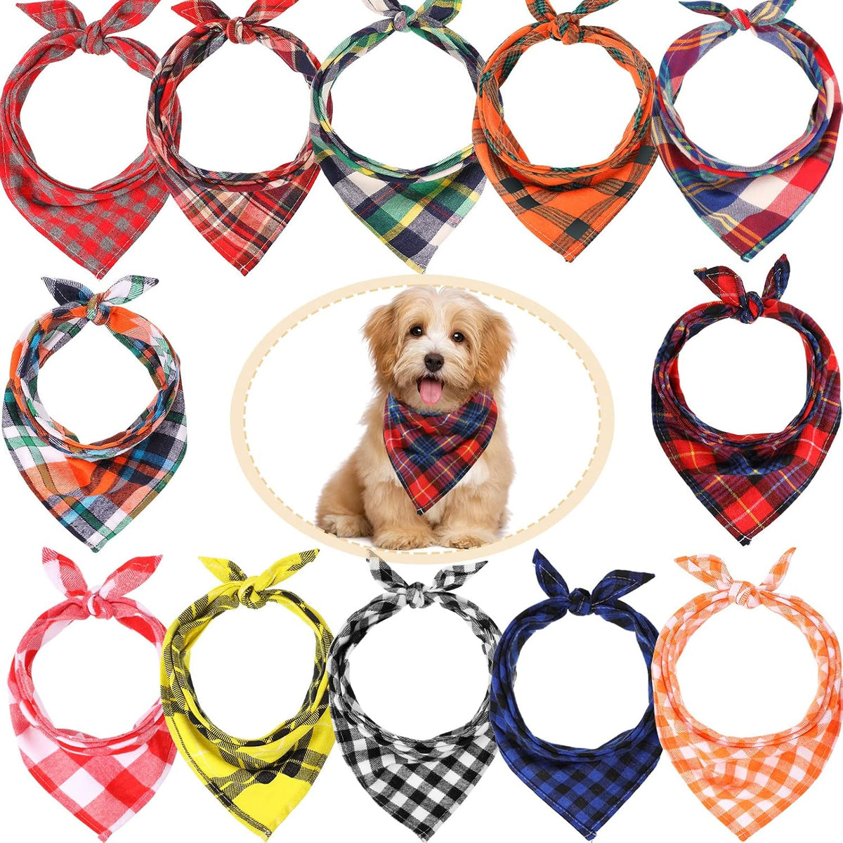 Syhood 12 Piece Dog Bandanas Plaid Pet Bandanas Scarf Triangle Bibs Kerchief Washable Reversible Adjustable Pet Costume Accessories for Small Large Dogs and Cats(Lattice Graphic)